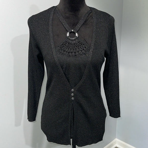 August Silk Knits women’s size large lurex black top 3/4 sleeve - Picture 1 of 16
